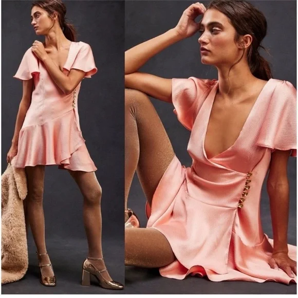 Free People Dress Scarlett Satin Ruffle Wrap Mini Peach Size XL NWT - Picture 1 of 11